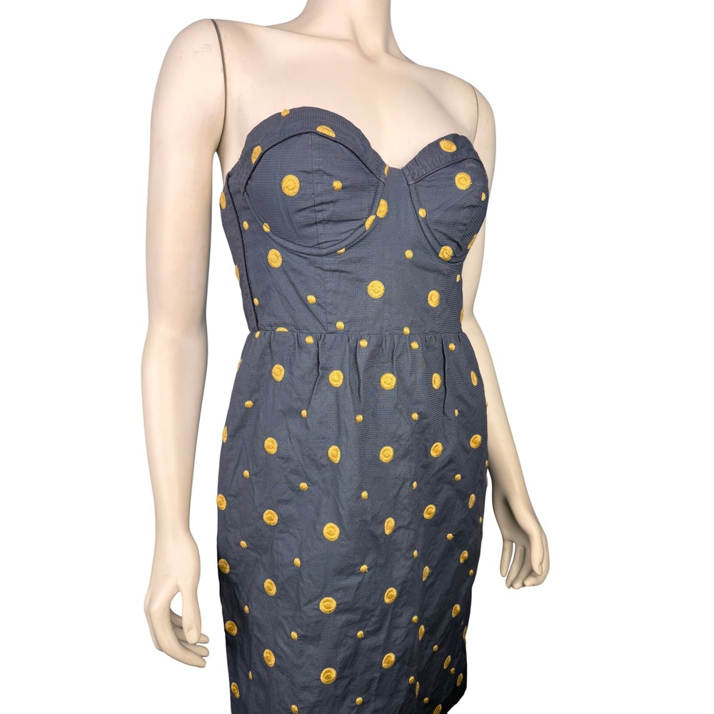 Floreat Anthropologie Dress Size 8 Strapless Blue Gray Yellow Embroidered Dots